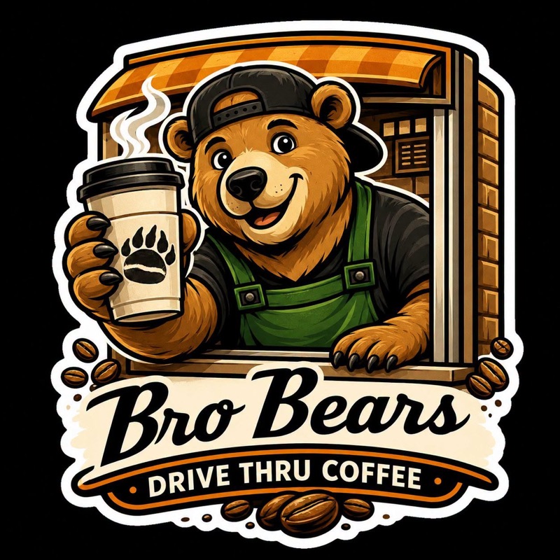 The Bro Bears mascot — a cartoon bear barista in a green apron handing over a coffee