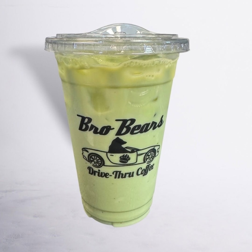 Matcha in a clear branded Bro Bears cup on a white background